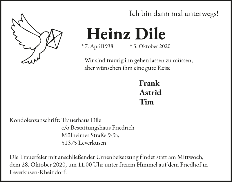  Traueranzeige für Heinz Dile vom 23.10.2020 aus  Lokale Informationen 