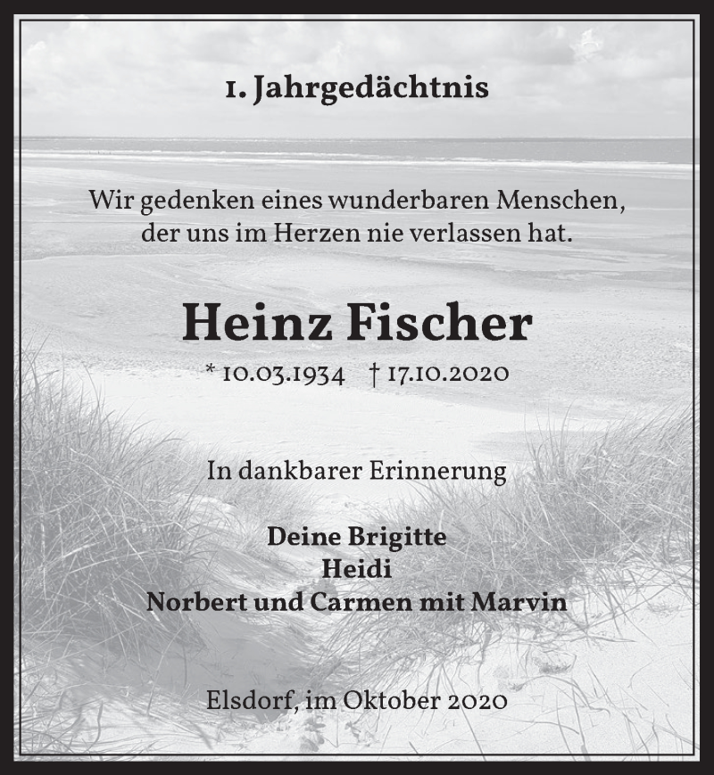  Traueranzeige für Heinz Fischer vom 16.10.2020 aus  Werbepost 