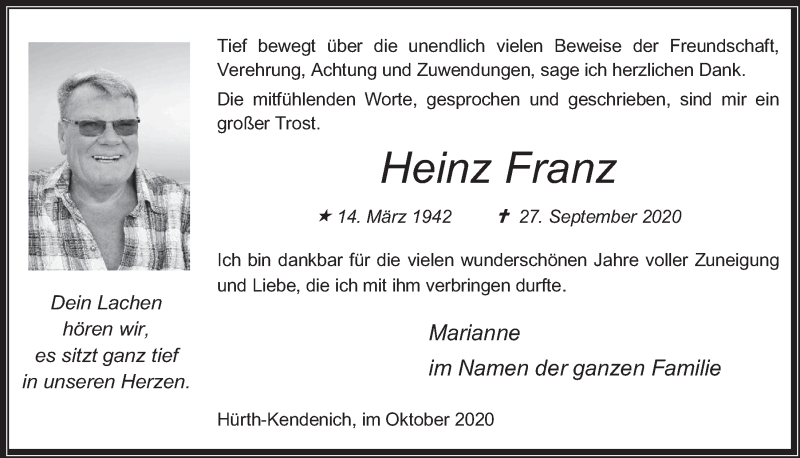  Traueranzeige für Heinz Franz vom 23.10.2020 aus  Wochenende 