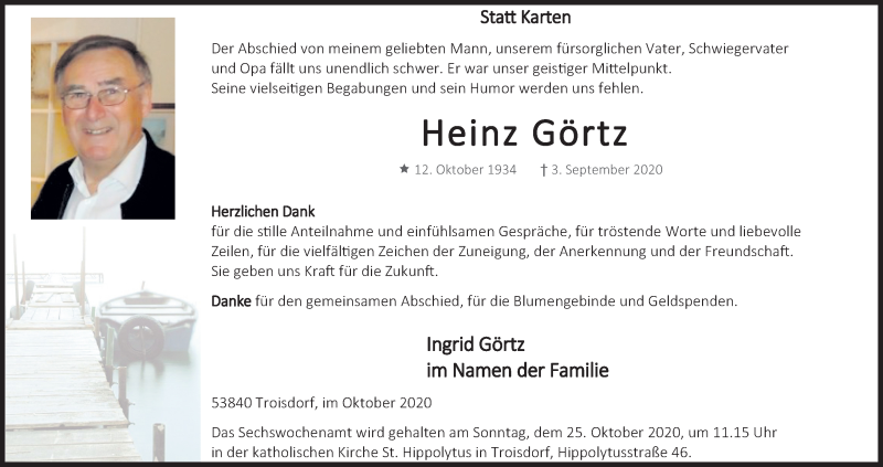  Traueranzeige für Heinz Görtz vom 10.10.2020 aus Kölner Stadt-Anzeiger / Kölnische Rundschau / Express