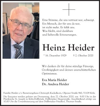 Anzeige von Heinz Heider von Kölner Stadt-Anzeiger / Kölnische Rundschau / Express