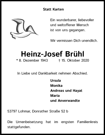 Anzeige von Heinz-Josef Brühl von Kölner Stadt-Anzeiger / Kölnische Rundschau / Express