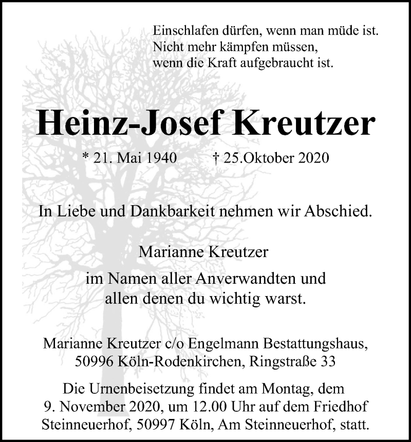  Traueranzeige für Heinz-Josef Kreutzer vom 31.10.2020 aus Kölner Stadt-Anzeiger / Kölnische Rundschau / Express