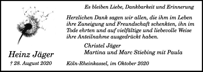  Traueranzeige für Heinz Jäger vom 03.10.2020 aus Kölner Stadt-Anzeiger / Kölnische Rundschau / Express