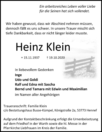 Anzeige von Heinz Klein von Kölner Stadt-Anzeiger / Kölnische Rundschau / Express
