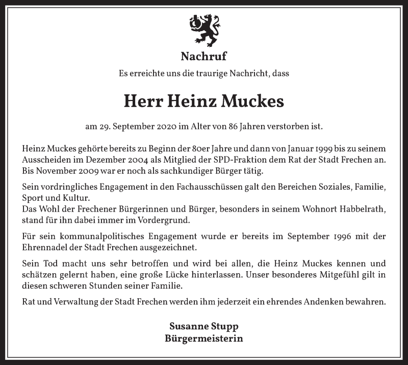  Traueranzeige für Heinz Muckes vom 16.10.2020 aus  Wochenende 