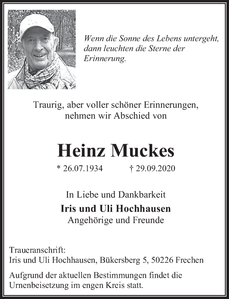  Traueranzeige für Heinz Muckes vom 09.10.2020 aus  Wochenende 