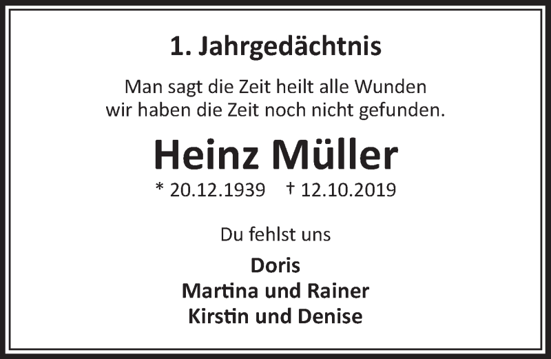  Traueranzeige für Heinz Müller vom 09.10.2020 aus  Schlossbote/Werbekurier 