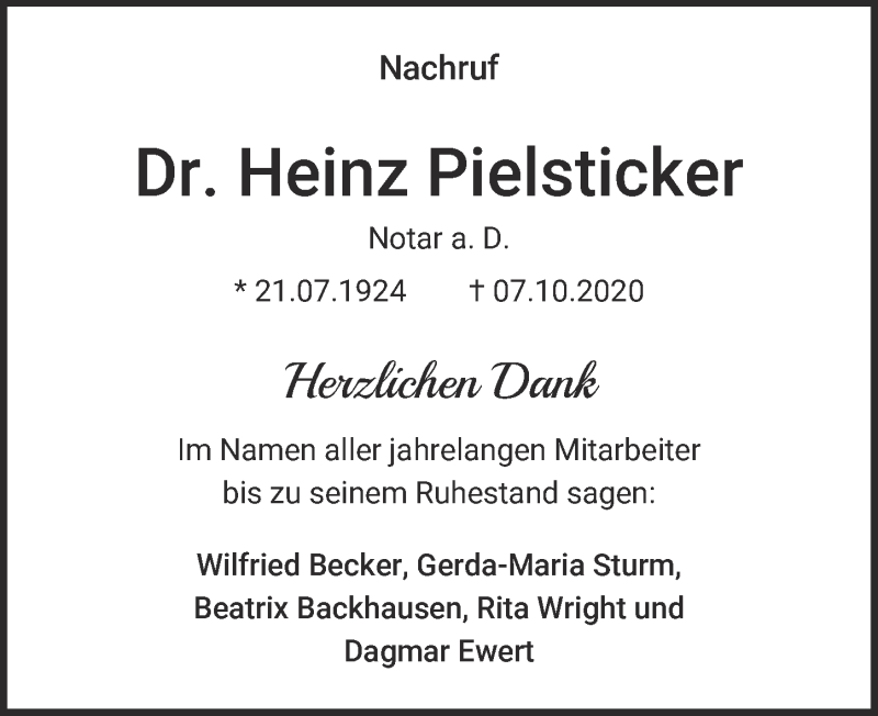  Traueranzeige für Heinz Pielsticker vom 16.10.2020 aus  Kölner Wochenspiegel 