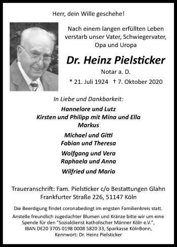 Anzeige von Heinz Pielsticker von Kölner Stadt-Anzeiger / Kölnische Rundschau / Express