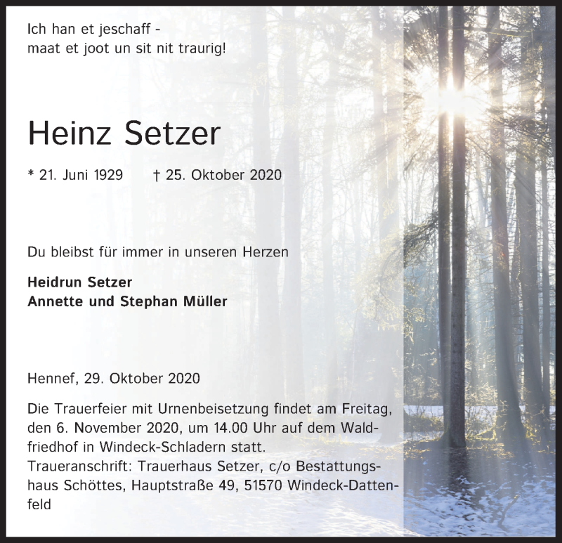  Traueranzeige für Heinz Setzer vom 31.10.2020 aus Kölner Stadt-Anzeiger / Kölnische Rundschau / Express