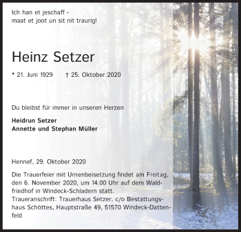 Anzeige von Heinz Setzer von Kölner Stadt-Anzeiger / Kölnische Rundschau / Express