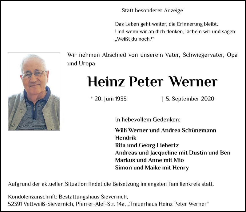  Traueranzeige für Heinz Peter Werner vom 26.09.2020 aus  Blickpunkt Euskirchen 