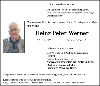 Anzeige von Heinz Peter Werner von  Blickpunkt Euskirchen 