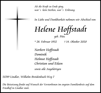 Anzeige von Helene Hoffstadt von Kölner Stadt-Anzeiger / Kölnische Rundschau / Express