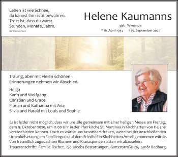 Anzeige von Helene Kaumanns von Kölner Stadt-Anzeiger / Kölnische Rundschau / Express