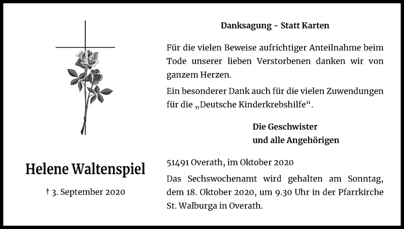  Traueranzeige für Helene Waltenspiel vom 10.10.2020 aus Kölner Stadt-Anzeiger / Kölnische Rundschau / Express