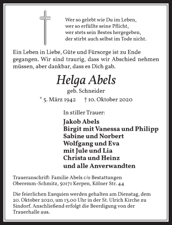Anzeige von Helga Abels von  Werbepost 