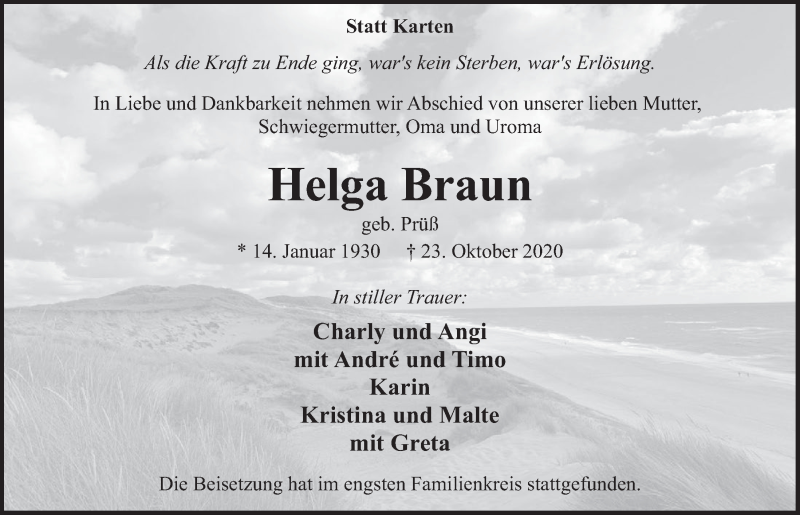  Traueranzeige für Helga Braun vom 30.10.2020 aus  Werbepost 