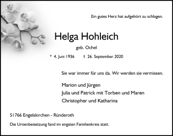 Anzeige von Helga Hohleich von  Anzeigen Echo 