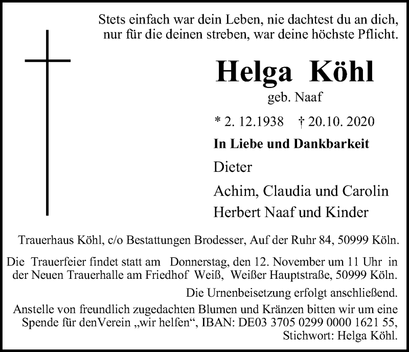  Traueranzeige für Helga Köhl vom 31.10.2020 aus Kölner Stadt-Anzeiger / Kölnische Rundschau / Express