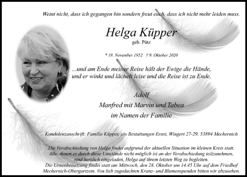  Traueranzeige für Helga Küpper vom 17.10.2020 aus  Blickpunkt Euskirchen 