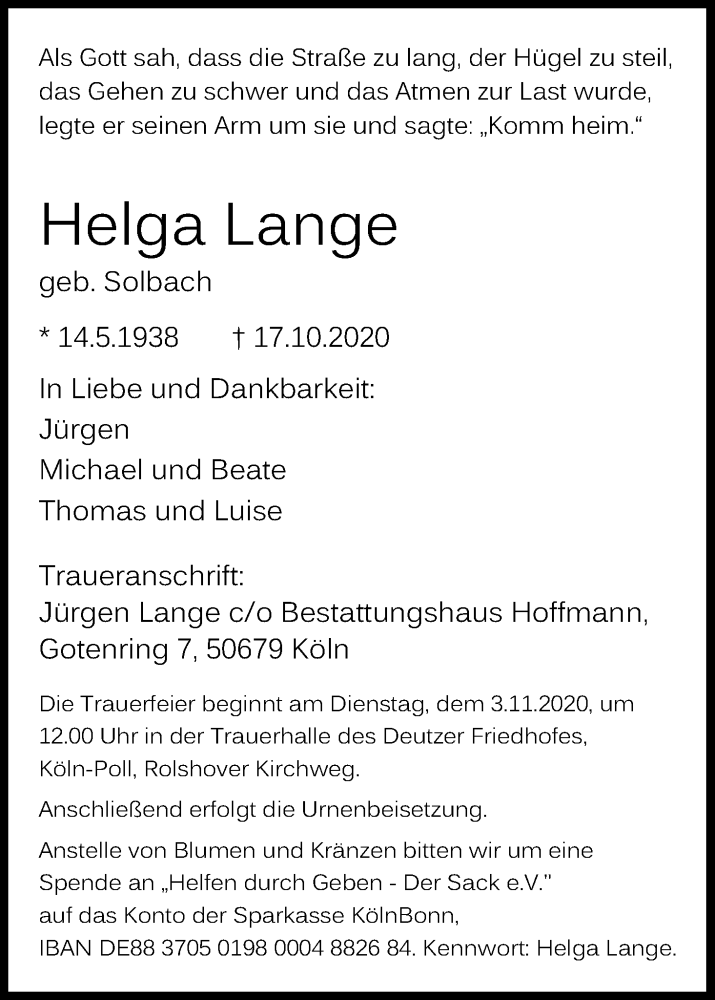  Traueranzeige für Helga Lange vom 31.10.2020 aus Kölner Stadt-Anzeiger / Kölnische Rundschau / Express