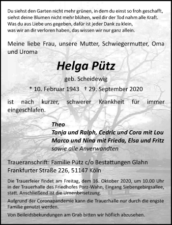 Anzeige von Helga Pütz von  Kölner Wochenspiegel 