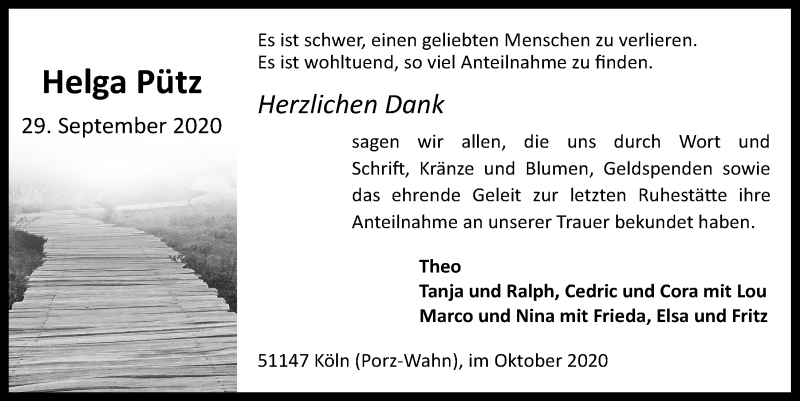  Traueranzeige für Helga Pütz vom 30.10.2020 aus  Kölner Wochenspiegel 