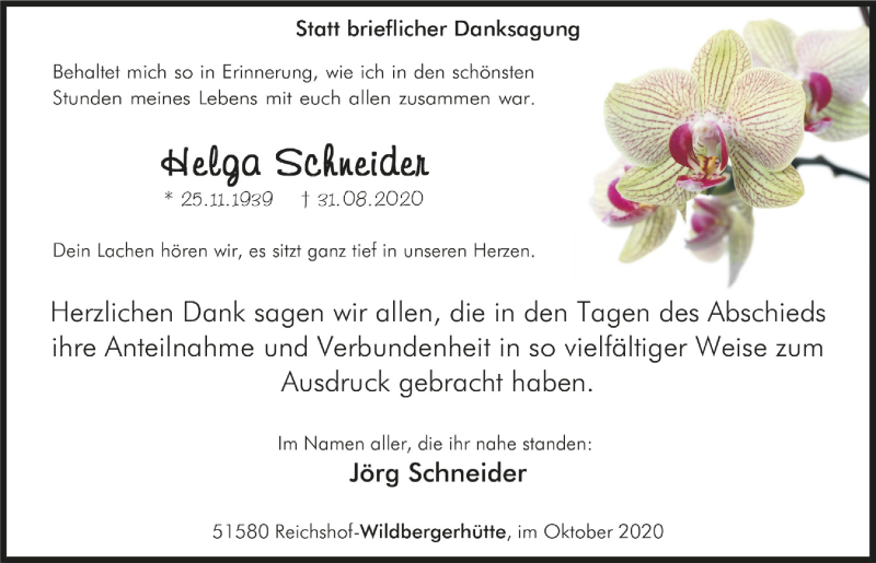  Traueranzeige für Helga Schneider vom 09.10.2020 aus  Lokalanzeiger 