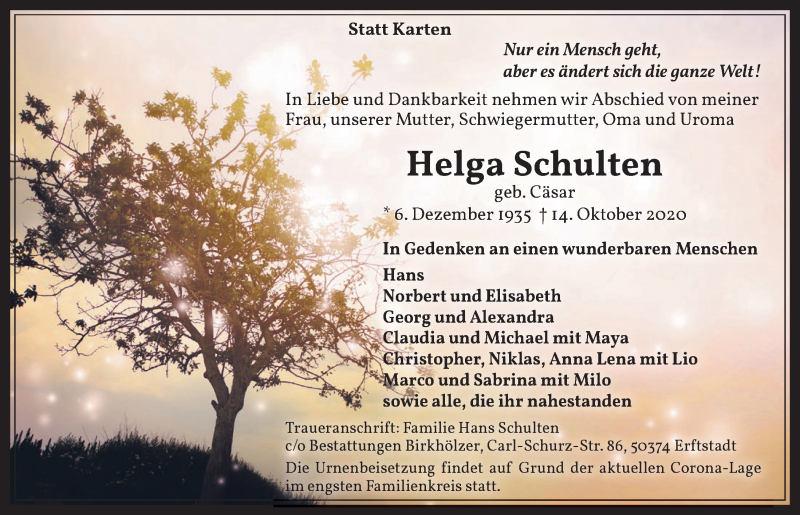  Traueranzeige für Helga Schulten vom 30.10.2020 aus  Werbepost 