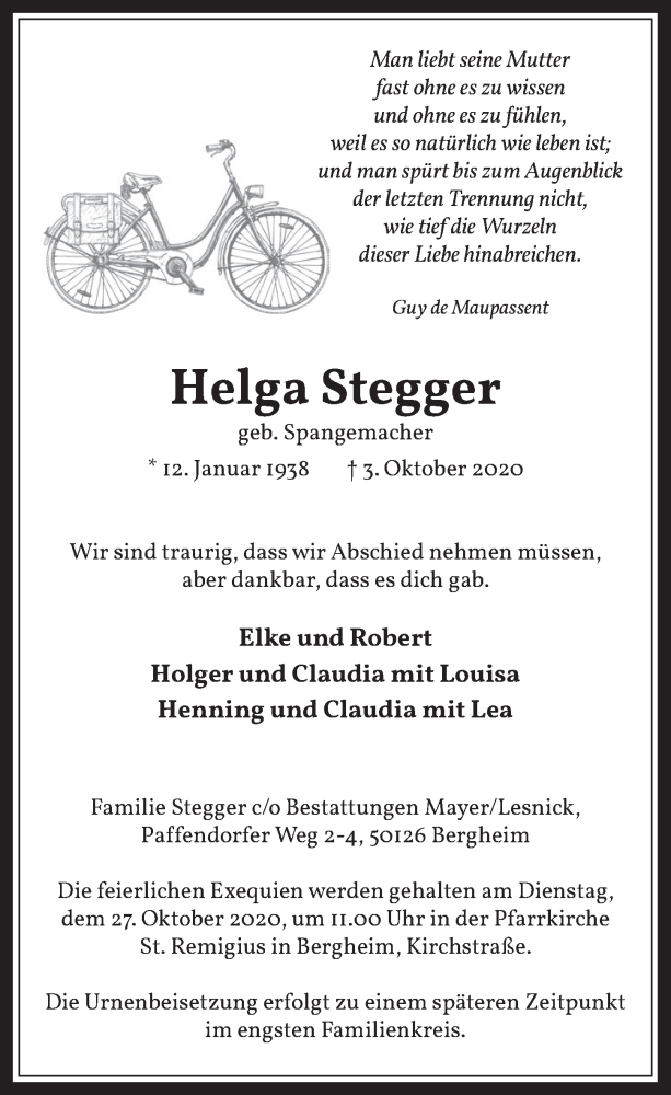  Traueranzeige für Helga Stegger vom 16.10.2020 aus  Werbepost 