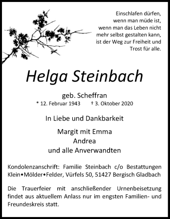 Anzeige von Helga Steinbach von Kölner Stadt-Anzeiger / Kölnische Rundschau / Express