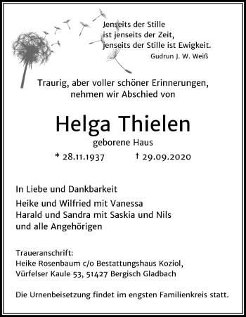 Anzeige von Helga Thielen von Kölner Stadt-Anzeiger / Kölnische Rundschau / Express