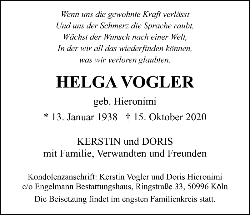  Traueranzeige für Helga Vogler vom 24.10.2020 aus Kölner Stadt-Anzeiger / Kölnische Rundschau / Express
