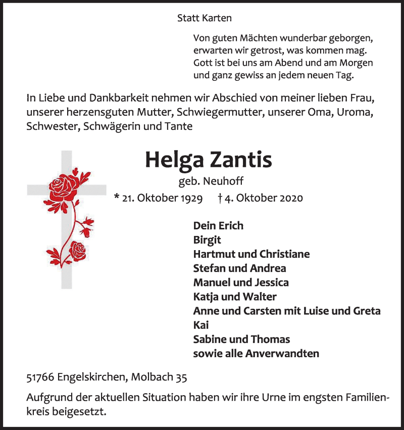  Traueranzeige für Helga Zantis vom 10.10.2020 aus Kölner Stadt-Anzeiger / Kölnische Rundschau / Express