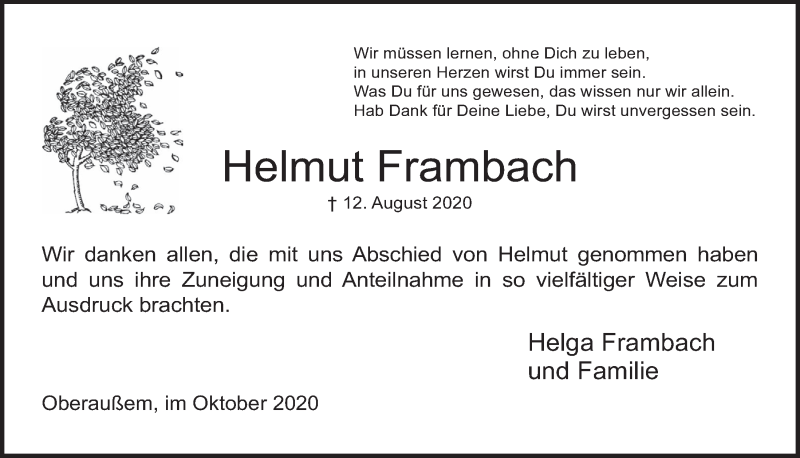  Traueranzeige für Helmut Frambach vom 09.10.2020 aus  Werbepost 