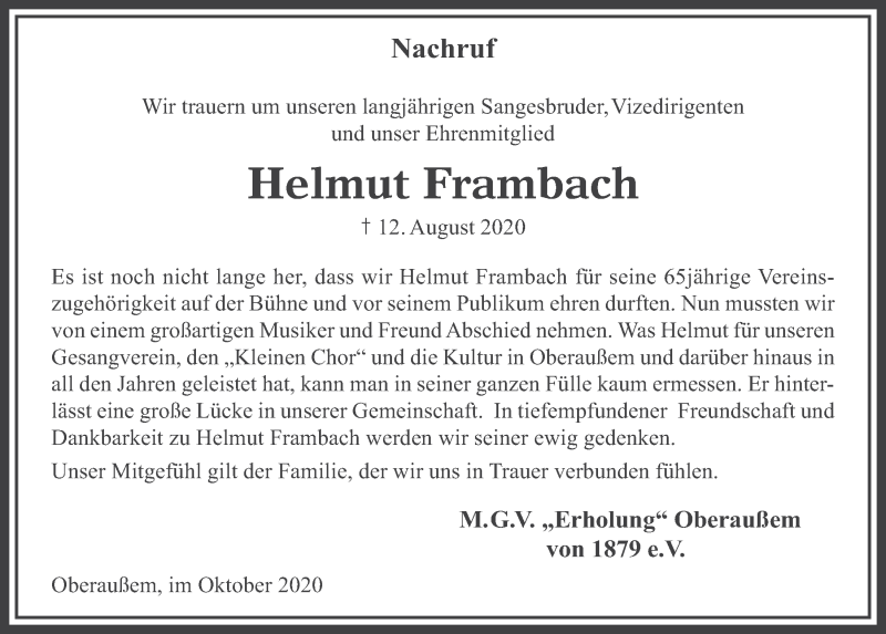  Traueranzeige für Helmut Frambach vom 16.10.2020 aus  Werbepost 