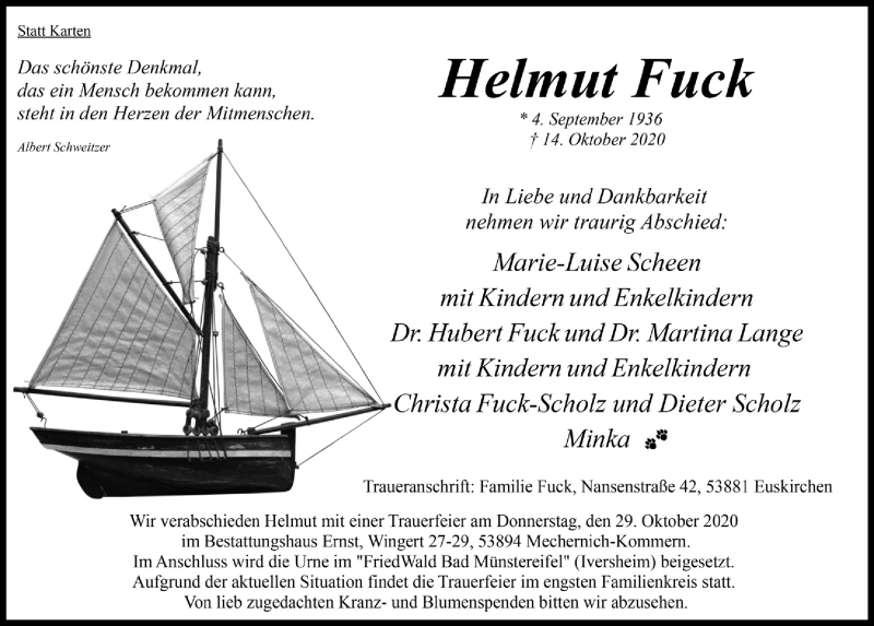  Traueranzeige für Helmut Fuck vom 23.10.2020 aus  Schaufenster/Blickpunkt 