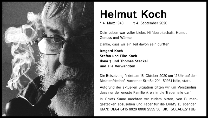  Traueranzeige für Helmut Koch vom 10.10.2020 aus Kölner Stadt-Anzeiger / Kölnische Rundschau / Express