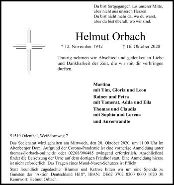 Anzeige von Helmut Orbach von Kölner Stadt-Anzeiger / Kölnische Rundschau / Express