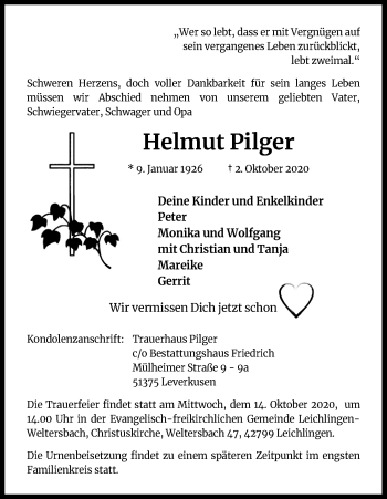 Anzeige von Helmut Pilger von Kölner Stadt-Anzeiger / Kölnische Rundschau / Express