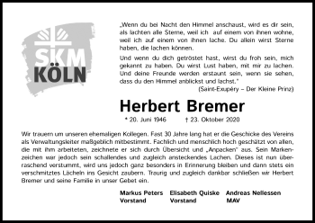 Anzeige von Herbert Bremer von Kölner Stadt-Anzeiger / Kölnische Rundschau / Express