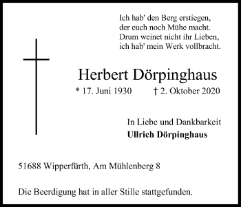 Anzeige von Herbert Dörpinghaus von Kölner Stadt-Anzeiger / Kölnische Rundschau / Express