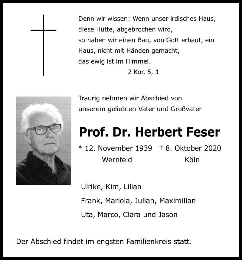  Traueranzeige für Herbert Feser vom 17.10.2020 aus Kölner Stadt-Anzeiger / Kölnische Rundschau / Express