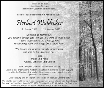 Anzeige von Herbert Waldecker von Kölner Stadt-Anzeiger / Kölnische Rundschau / Express