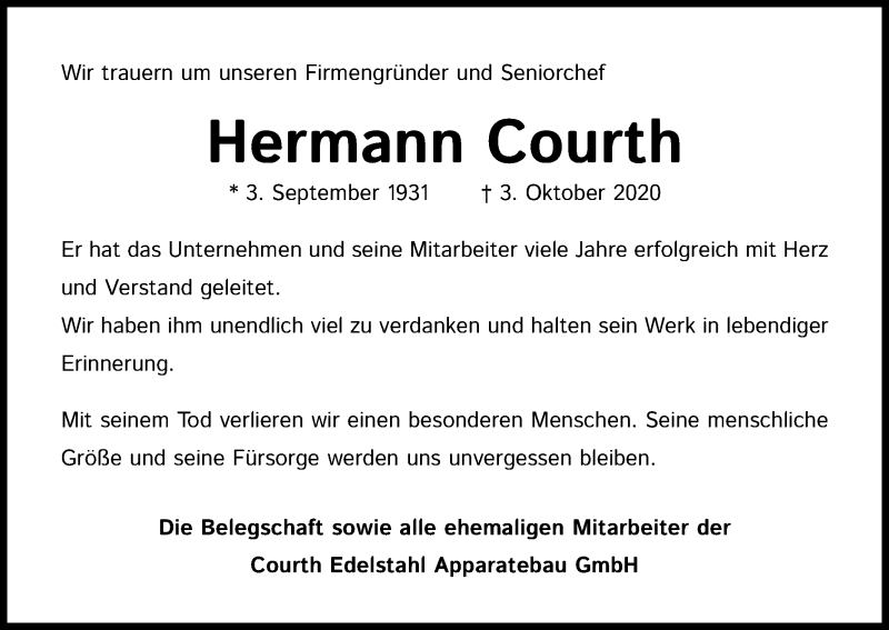  Traueranzeige für Hermann Courth vom 06.10.2020 aus Kölner Stadt-Anzeiger / Kölnische Rundschau / Express