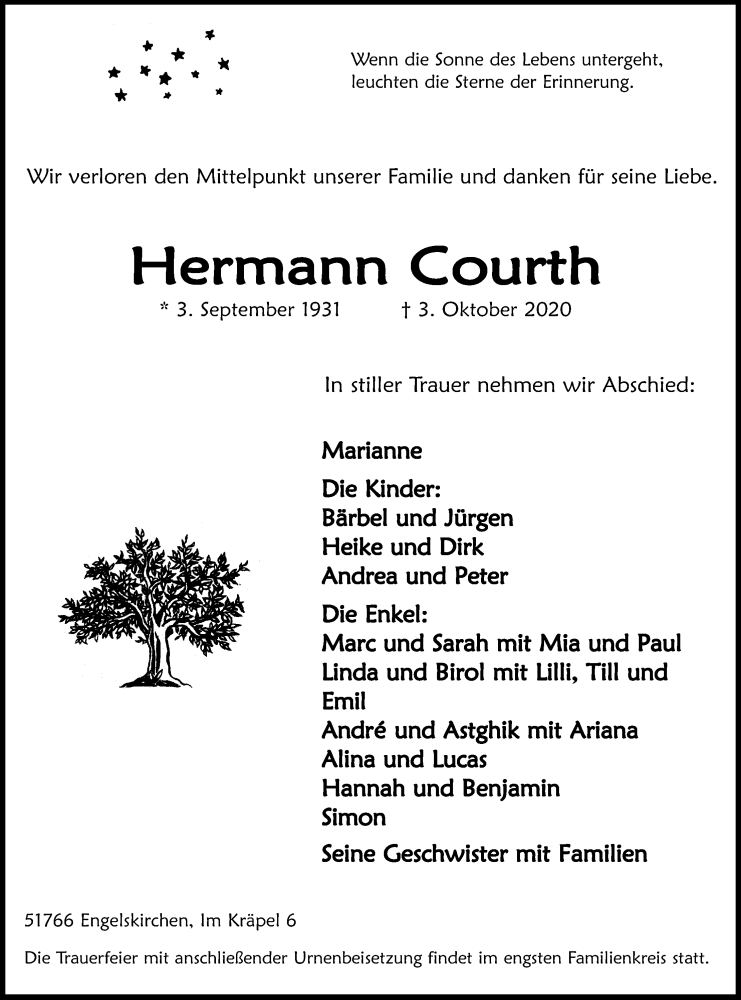  Traueranzeige für Hermann Courth vom 06.10.2020 aus Kölner Stadt-Anzeiger / Kölnische Rundschau / Express