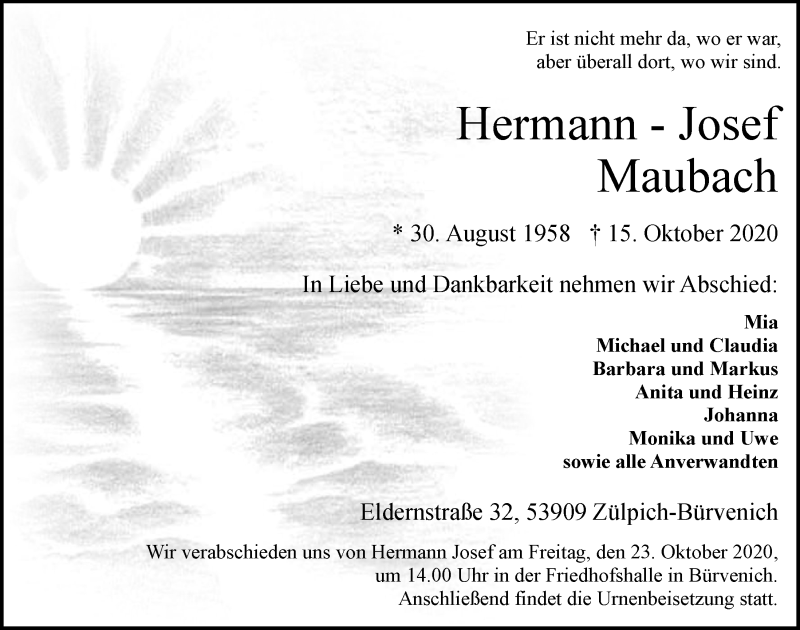  Traueranzeige für Hermann-Josef Maubach vom 17.10.2020 aus  Blickpunkt Euskirchen 