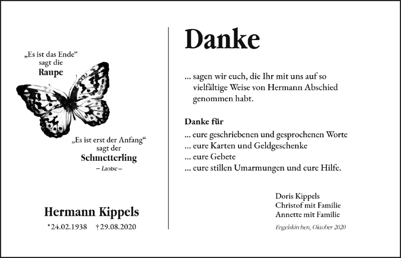  Traueranzeige für Hermann Kippels vom 16.10.2020 aus  Anzeigen Echo 